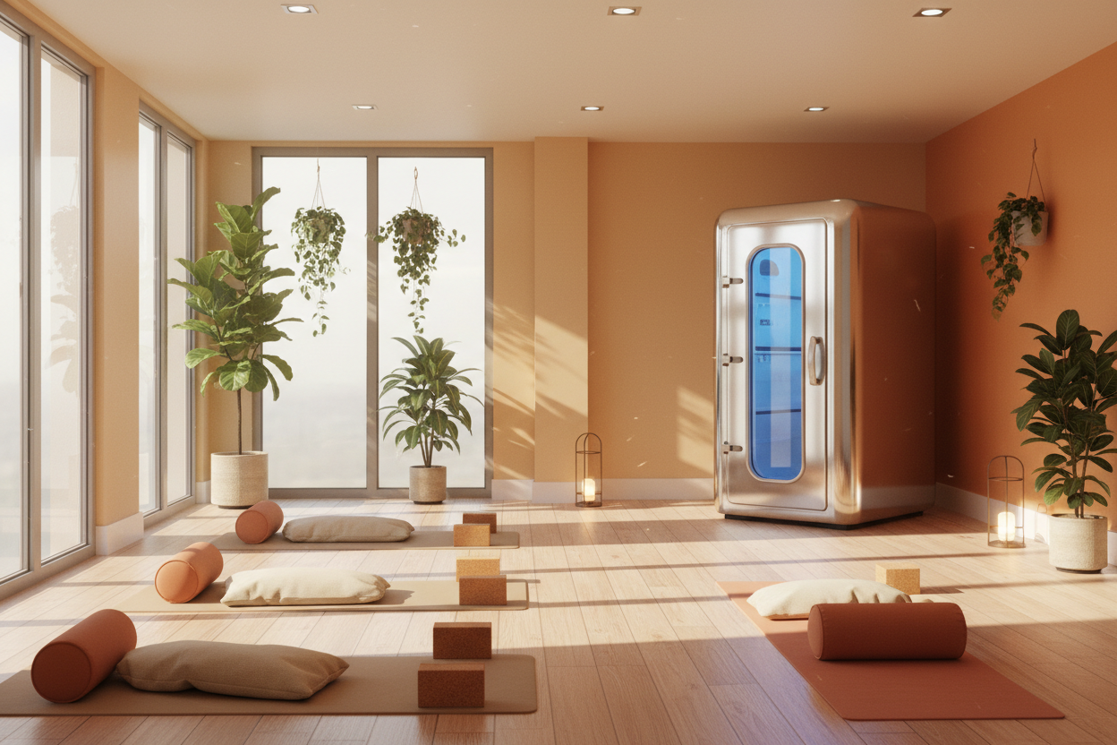 Warm room with yoga equipment and cryotherapy chamber